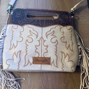 Wrangler Cream and Brown Embroidered fringed Handbag